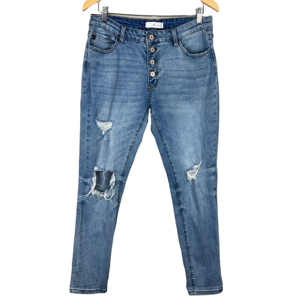 KanCan Jeans Womens 11/29 Blue Girlfriend Mid‎ Rise Distressed Denim Button Fly